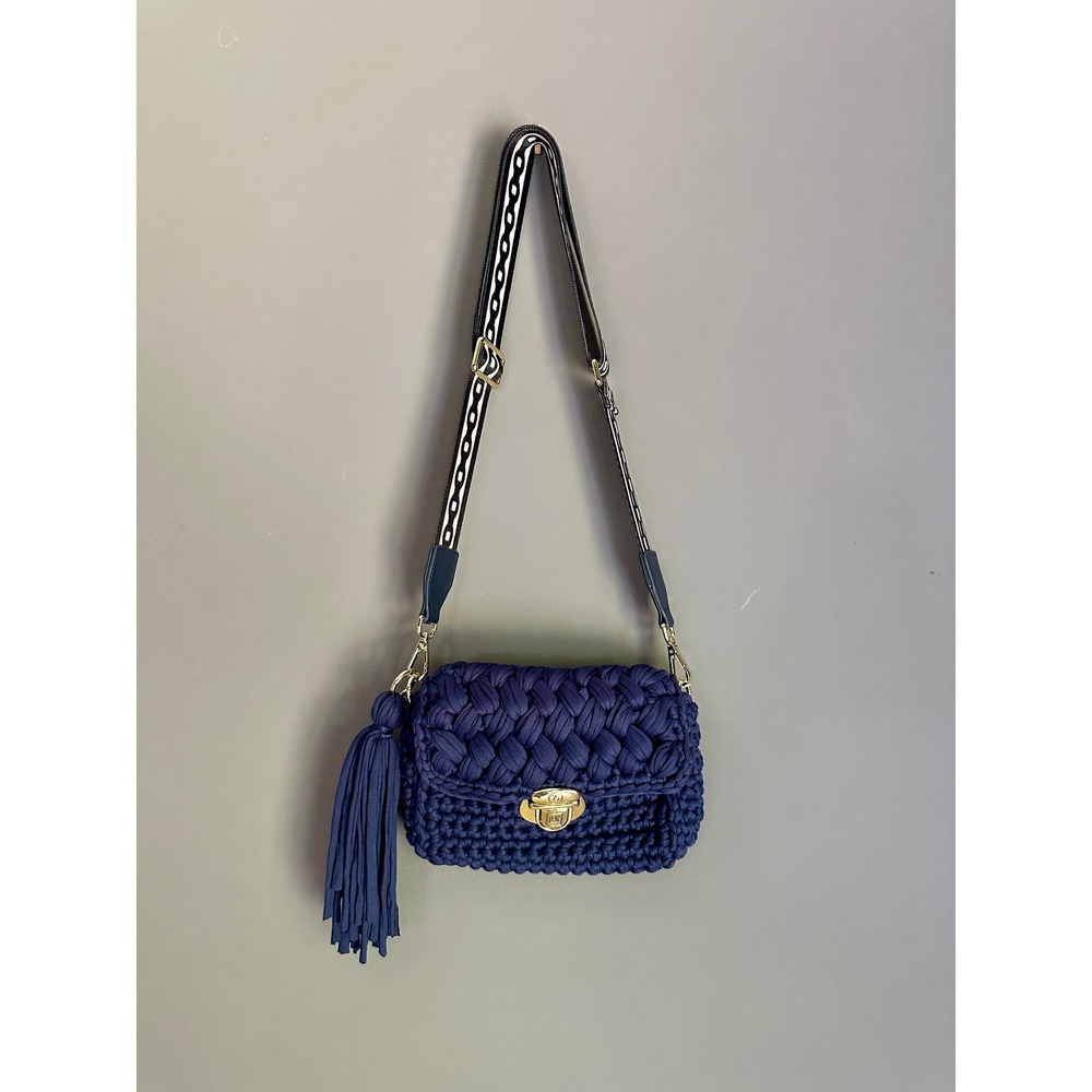 Jean-Pierre Klifa Navy Blue Crochet Crossbody Bag Tassel Guitar Strap NEW - Picture 2 of 8